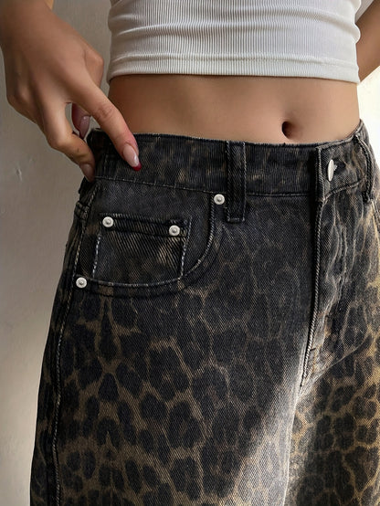 NVFelix Women's Leopard Print Straight Leg Pants - Non-Stretch Fabric, Button Closure & Built-In Zipper, Y2K Retro Streetwear Style with Pockets, All-Season Casual Trousers, Leopard Print Leggings, Highquality Fabric
