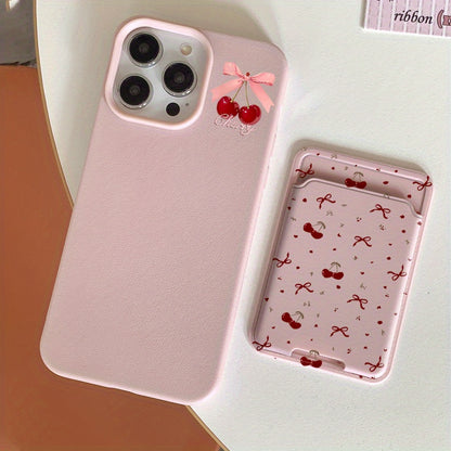 [Pink Phone Case] 2pcs Apple Mobile Phone Case | Self-adhesive Card Holder, Bow Cherry Pink Frosted, Anti-fall Protective Cover for 16PROMAX/16PLUS/16PRO/16/15PROMAX/15PLUS/15PRO/15/14PROMAX/14PLUS/14PRO/14/13PROMAX/13PRO/13/12PROMAX/12PRO/12 11PROMAX/11