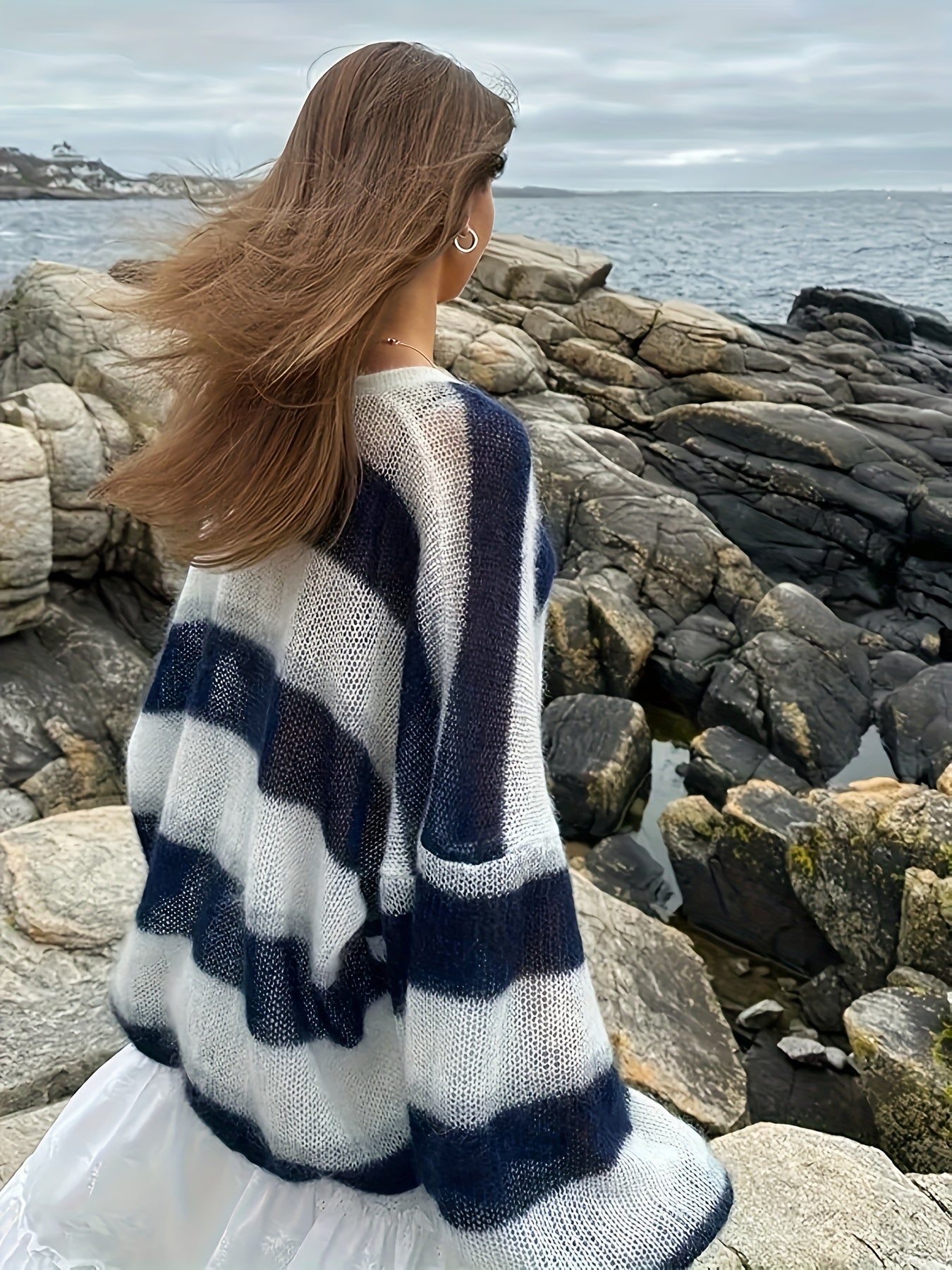 Women'S Elegant Deep Royal Blue Striped V-Neck Cardigan - Loose Fit Long Sleeve Sweater with Button Front, Warm Fall Winter Layering Essential, Stylish Scarf, Ladies Sweaters