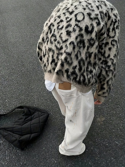 [Leopard Print Sweater] Oversized Men's Leopard Print Faux Fur Sweater | Cozy Fall Winter Knit Top with Round Neck, Black & White Contrast, Relaxed Fit Apparel, Highend Texture, Luxurious Feel Fabric