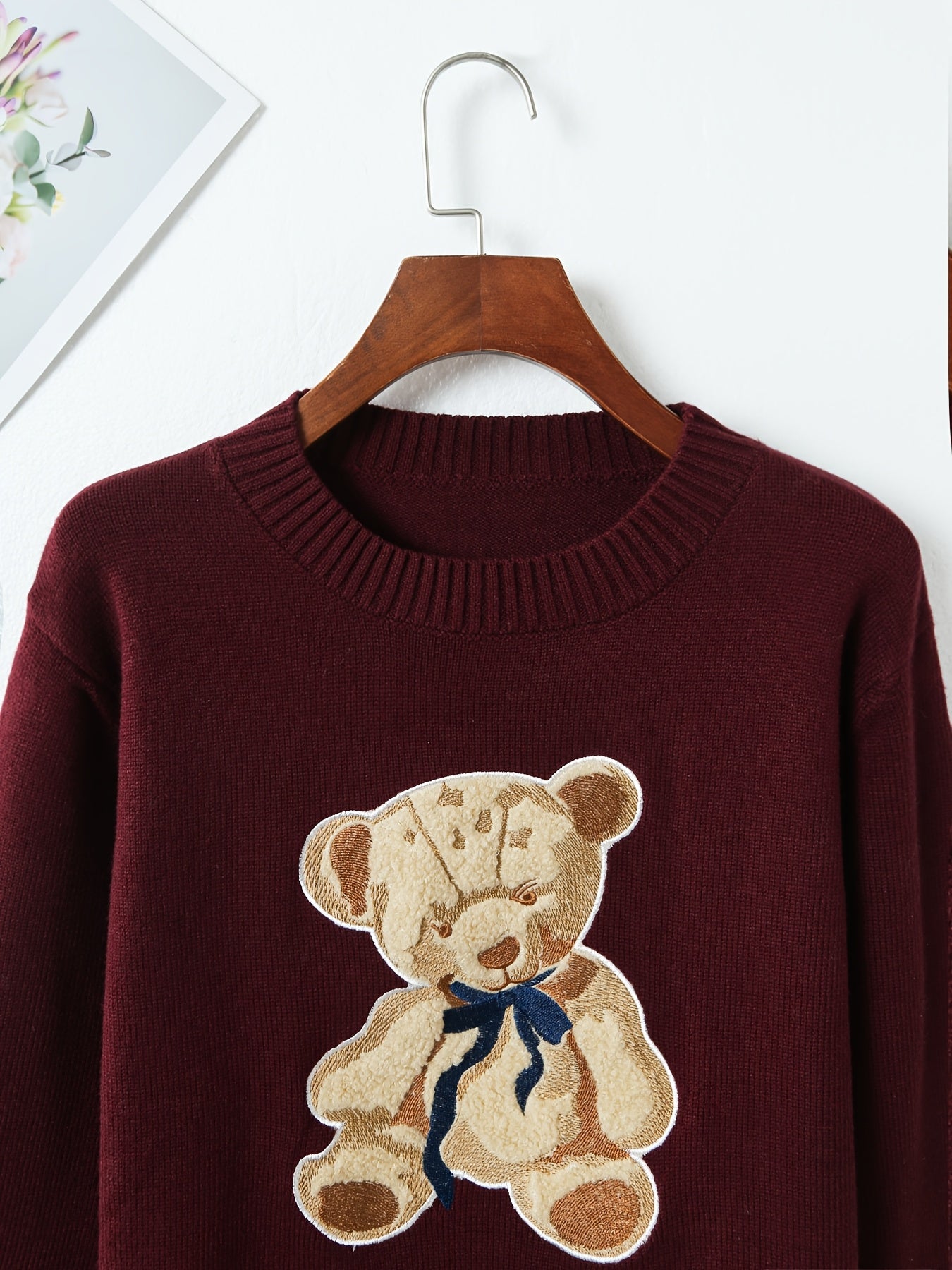 ELEGANTSUT Women'S Red Bear Graphic Long Sleeve Top - Casual Crew Neck Pullover with Bow Detail, Lightweight for Spring Summer Fall, Casual Outing Attire, Seasonal Fashion, Playful Design, Quality Craftsmanship