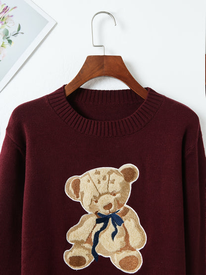 ELEGANTSUT Women'S Red Bear Graphic Long Sleeve Top - Casual Crew Neck Pullover with Bow Detail, Lightweight for Spring Summer Fall, Casual Outing Attire, Seasonal Fashion, Playful Design, Quality Craftsmanship