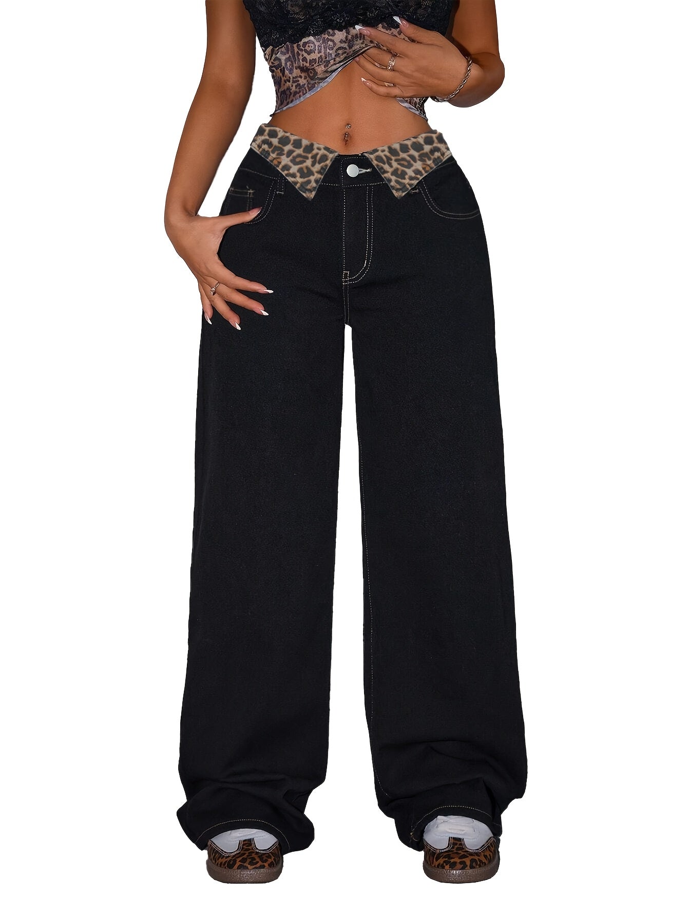 [Elegant Wide-Leg Jeans] Women's Elegant Casual Wide-Leg Jeans | Low-Rise, Black, Button Closure, Non-Stretch Fabric, Long Length, Weekend Wear, Street Style