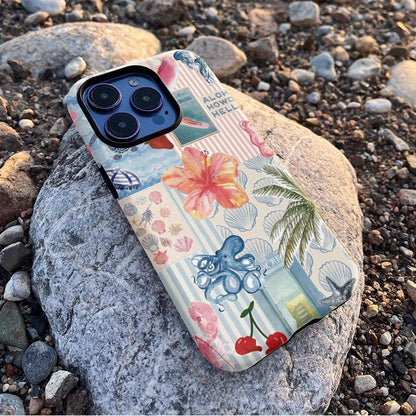 Vintage Collage Flower and Palm Tree Design Glossy 2-in-1 Phone Case for iPhone 16 Pro Max, 15 Plus, 13, 11, 12, XS, 8 Plus, 7