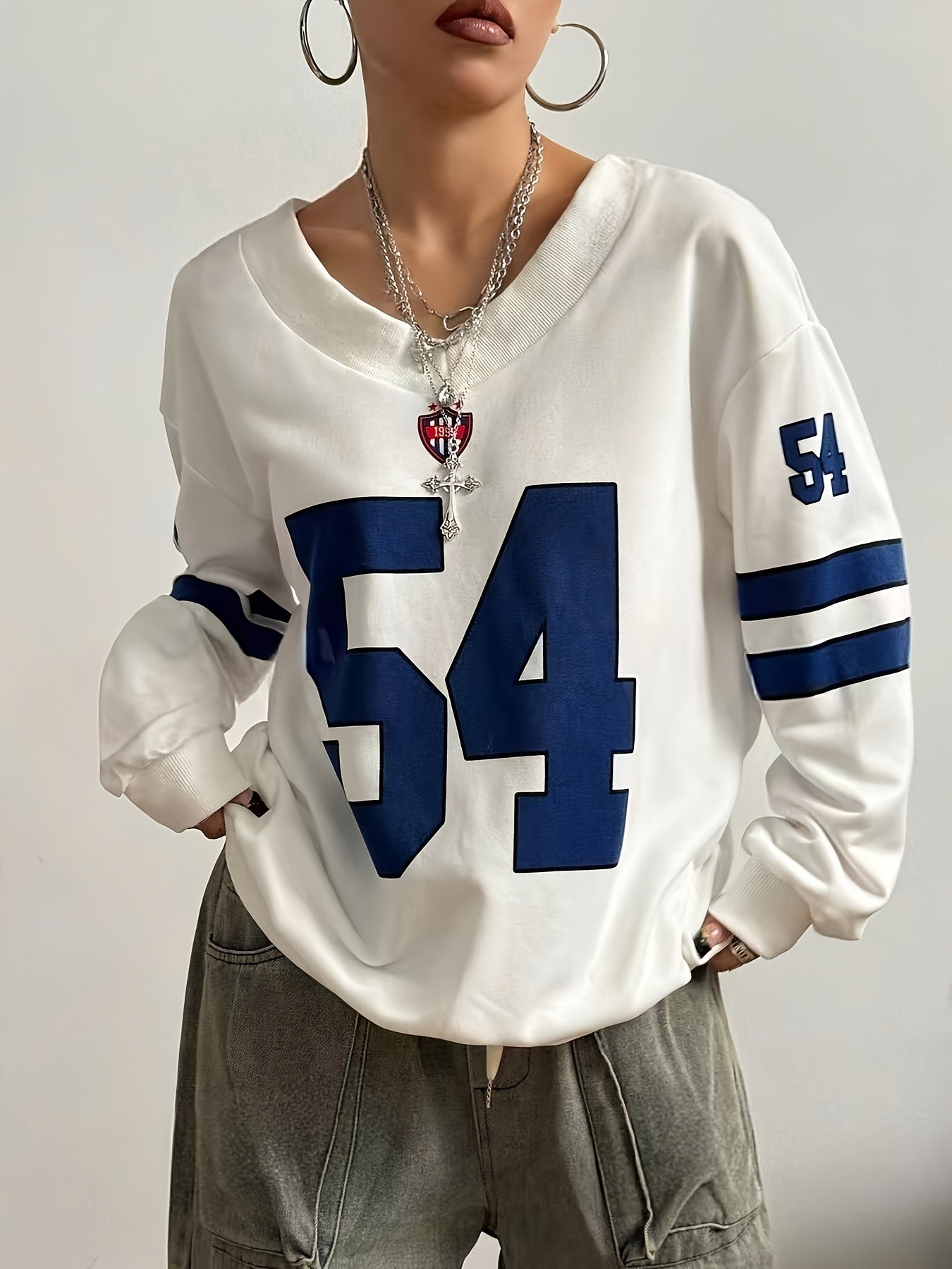 54 Print Casual Long Sleeve V-Neck Sports Sweatshirt - Polyester Oversized Knit Pullover with Slight Stretch for Teens - Spring/Fall