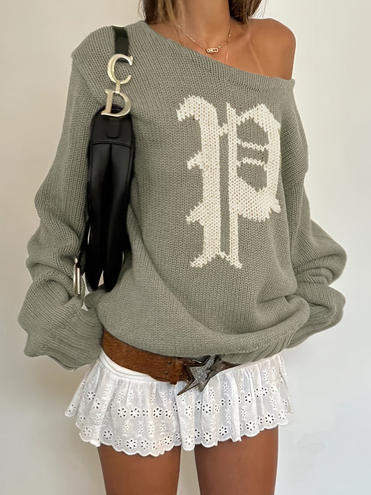 Y2K Oversized Casual Sweater with Letter Graphic - Cozy Round Neck Pullover, Machine Washable Non-Stretch Fall Fashion Top for Women, Cute Sweater, Winter Apparel, Textured Knitwear