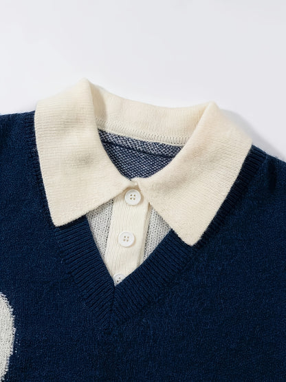 [Casual Sweater] ErinYe Men's Loose Casual Sweater | College Style Lapel Couple Set