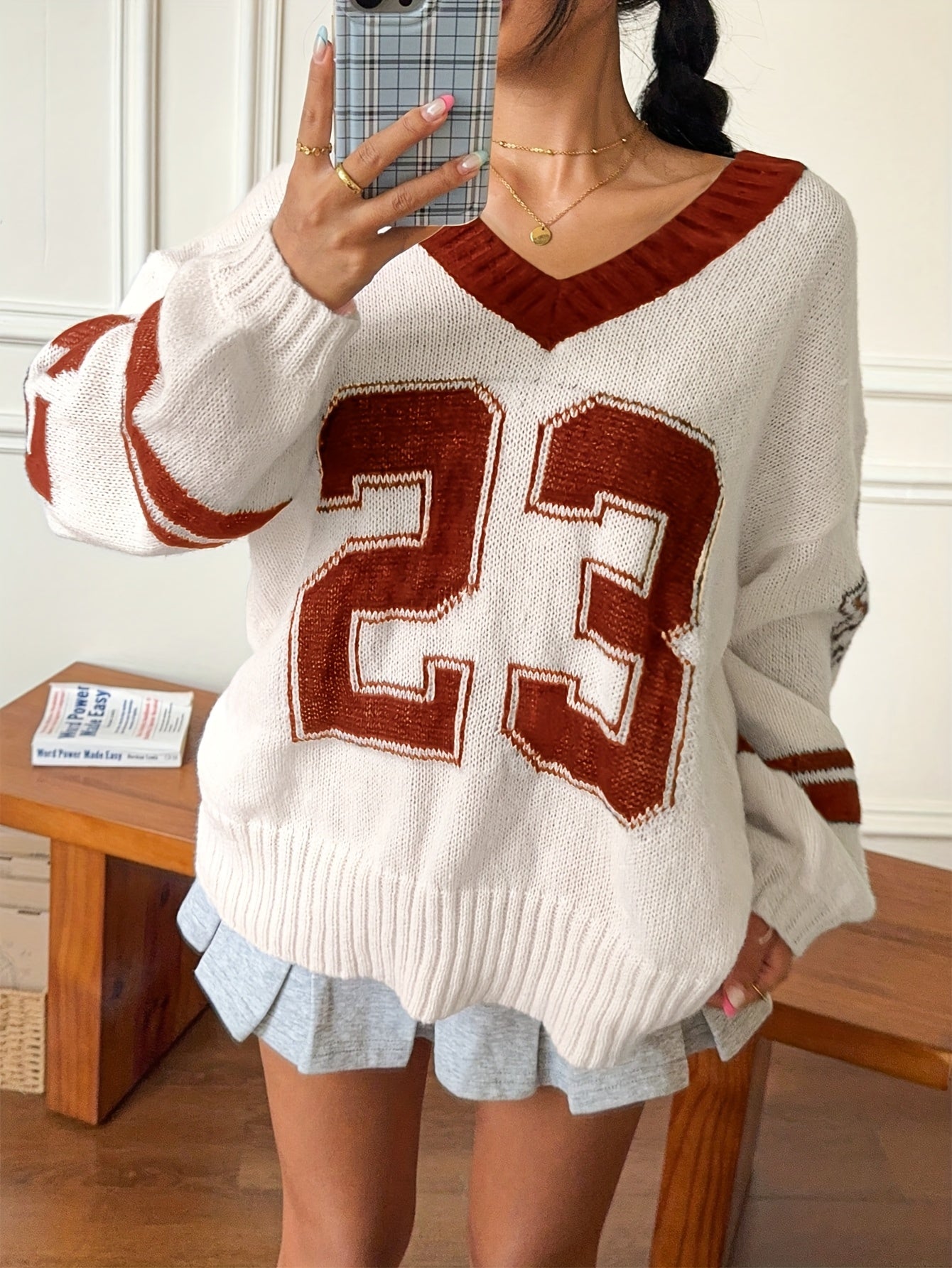 [Stylish Knitwear Sweater] Stylish Knitwear Women's V-Neck Pullover Sweater | Beige & Red Color Block, Machine Washable, PB-915 | Casual & Office Wear, Versatile, Medium Elasticity, Breathable Fabric, Seasonal Fashion