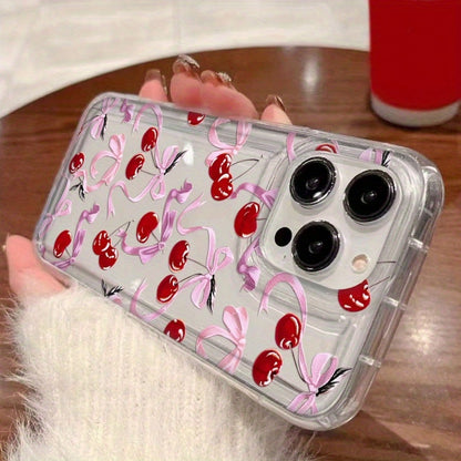 [Transparent Shockproof Cherry Phone Case] Fashionable and high-end cherry bow pattern transparent phone case suitable for iPhone 11 12 13 14 15 16pro max transparent shockproof protective case suitable for 7 8 plus mini series soft shell