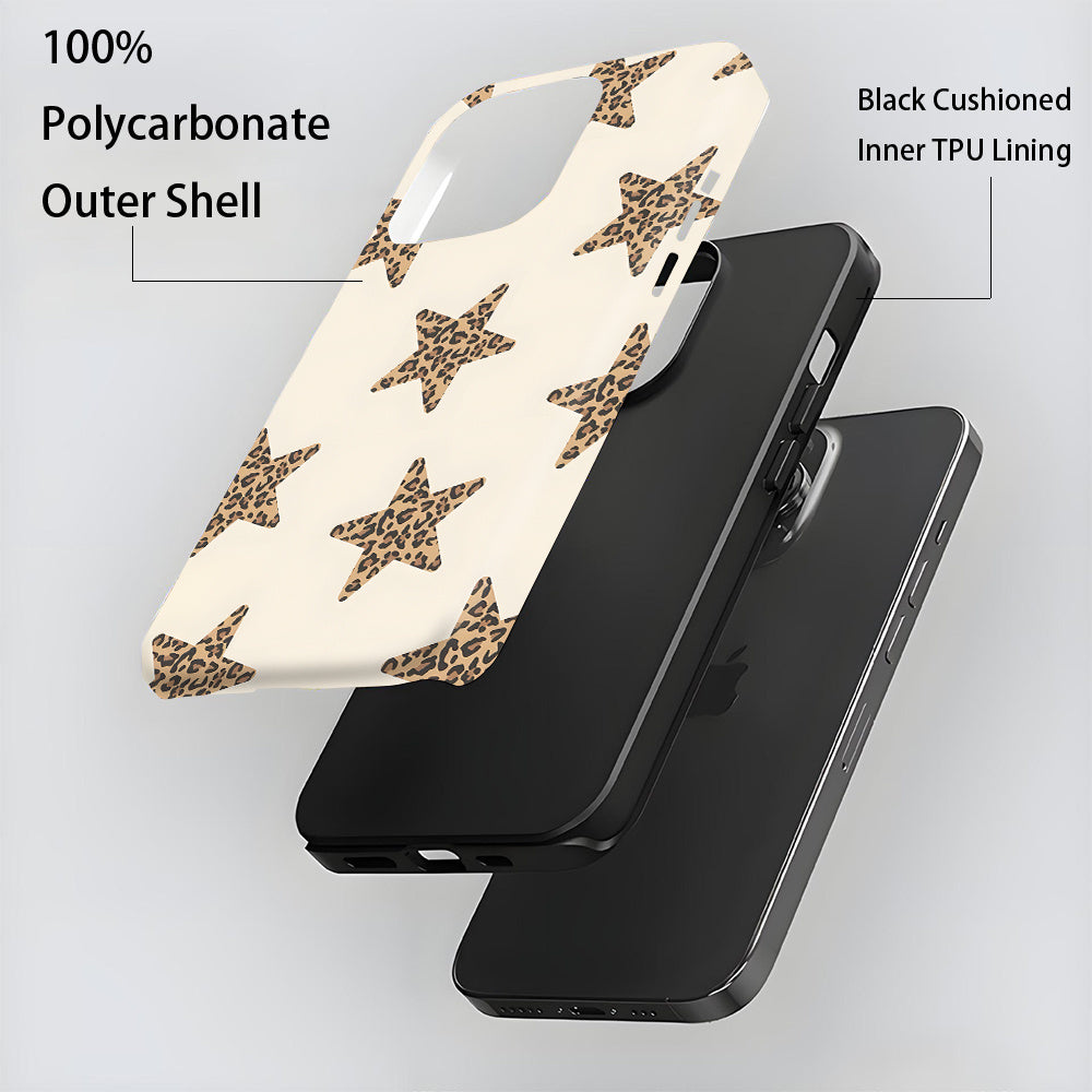 1pc Leopard Print Star Pattern Chic Cool Two-In-One Film Case - Tough, Dual Layered Case for Durable, Drop-proof - for iPhone 17, 16, 15, 14, 13, 12, 11, 8, 7, X, XS, XR, Plus, Air, Pro, Max, Mini, SE2, SE3, Perfect Gift for Friends Family Loved Ones, Ph