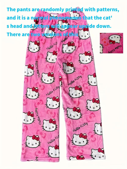 Sanrio Cartoon Hello Kitty Fleece-Lined Lounge Pants for Women, Autumn/Winter Flannel Pajama Pants