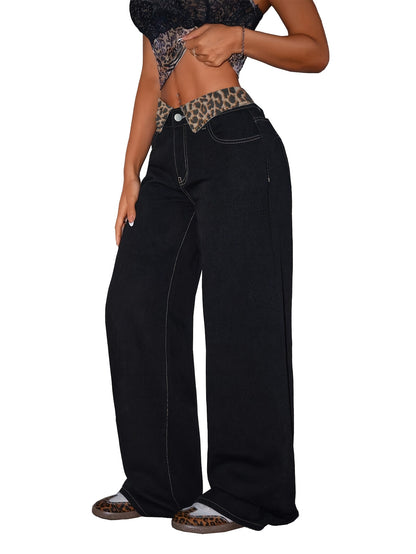 [Elegant Wide-Leg Jeans] Women's Elegant Casual Wide-Leg Jeans | Low-Rise, Black, Button Closure, Non-Stretch Fabric, Long Length, Weekend Wear, Street Style