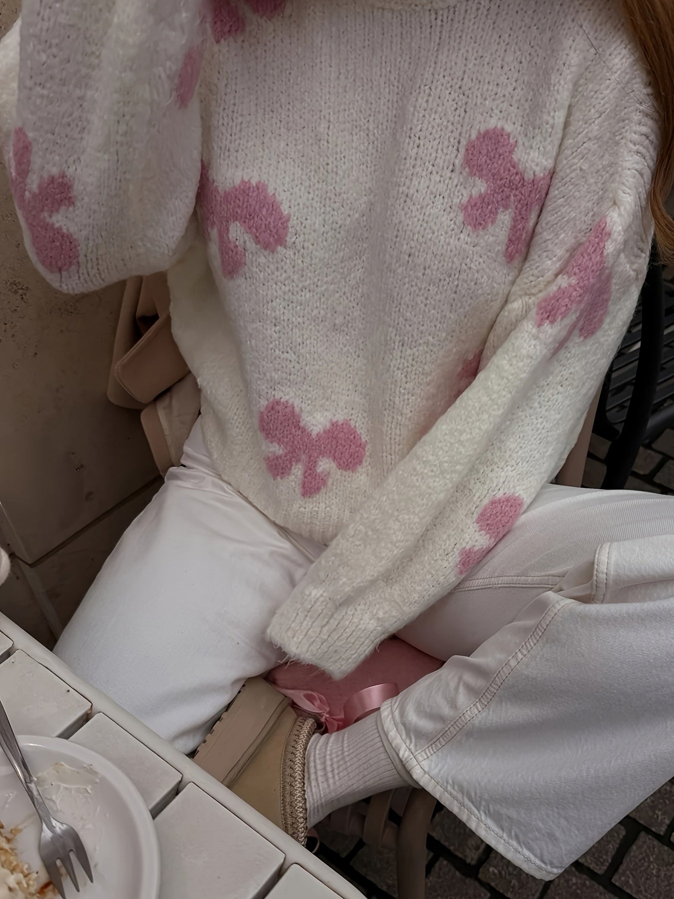 Elegant Butterfly Bow Pattern Sweater for Women - Long Sleeve, Round Neck, Soft & Cozy, Perfect for Spring, Summer, Fall, and Winter Outfits, Cute Sweaters
