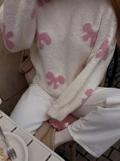 Elegant Butterfly Bow Pattern Sweater for Women - Long Sleeve, Round Neck, Soft & Cozy, Perfect for Spring, Summer, Fall, and Winter Outfits, Cute Sweaters