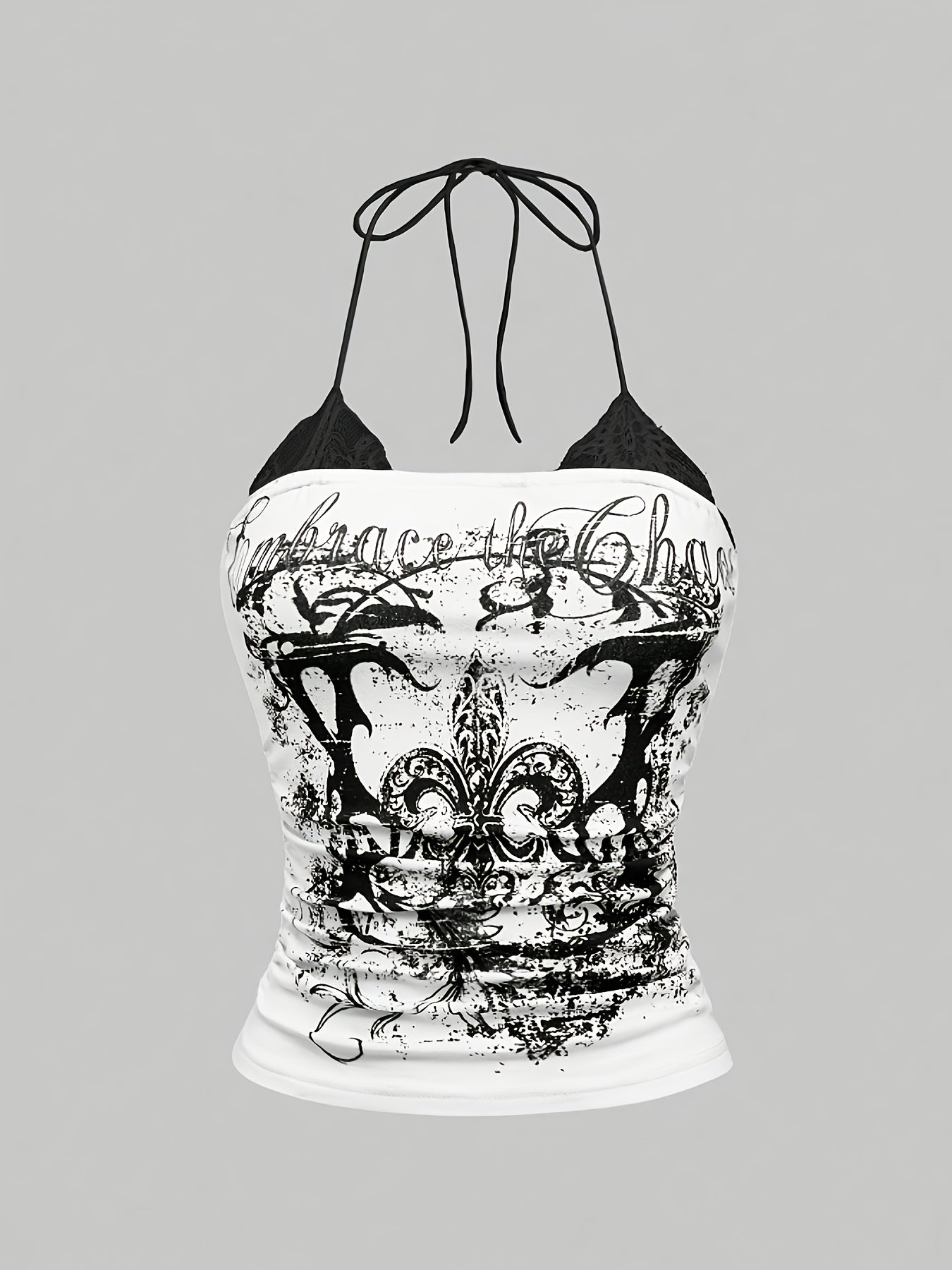 [Two-Piece Set] New Stylish Elegant Lace-Trimmed Halter Neck Print Top Two-Piece Set for Women, Perfect for Casual Attire, All-Season Wear, Y2K Style, Off the Shoulder Design with Contrast Lace Detailing