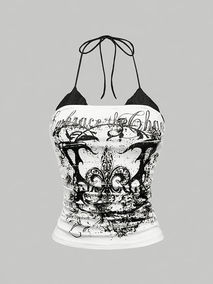 [Two-Piece Set] New Stylish Elegant Lace-Trimmed Halter Neck Print Top Two-Piece Set for Women, Perfect for Casual Attire, All-Season Wear, Y2K Style, Off the Shoulder Design with Contrast Lace Detailing